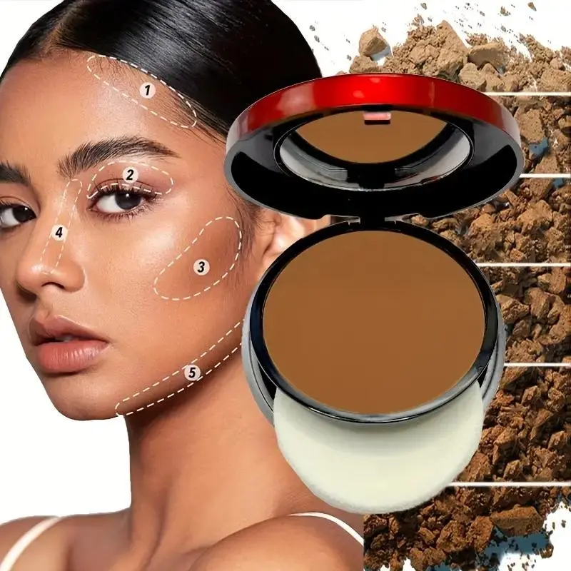 6-Color Waterproof and Sweat-Resistant Contour Concealer Powder, Longwearing Waterproof Makeup, Oil-control matte finish, long-lasting natural look, angled sponge brush, buildable coverage, suitable for deep skin tones, holiday gift
