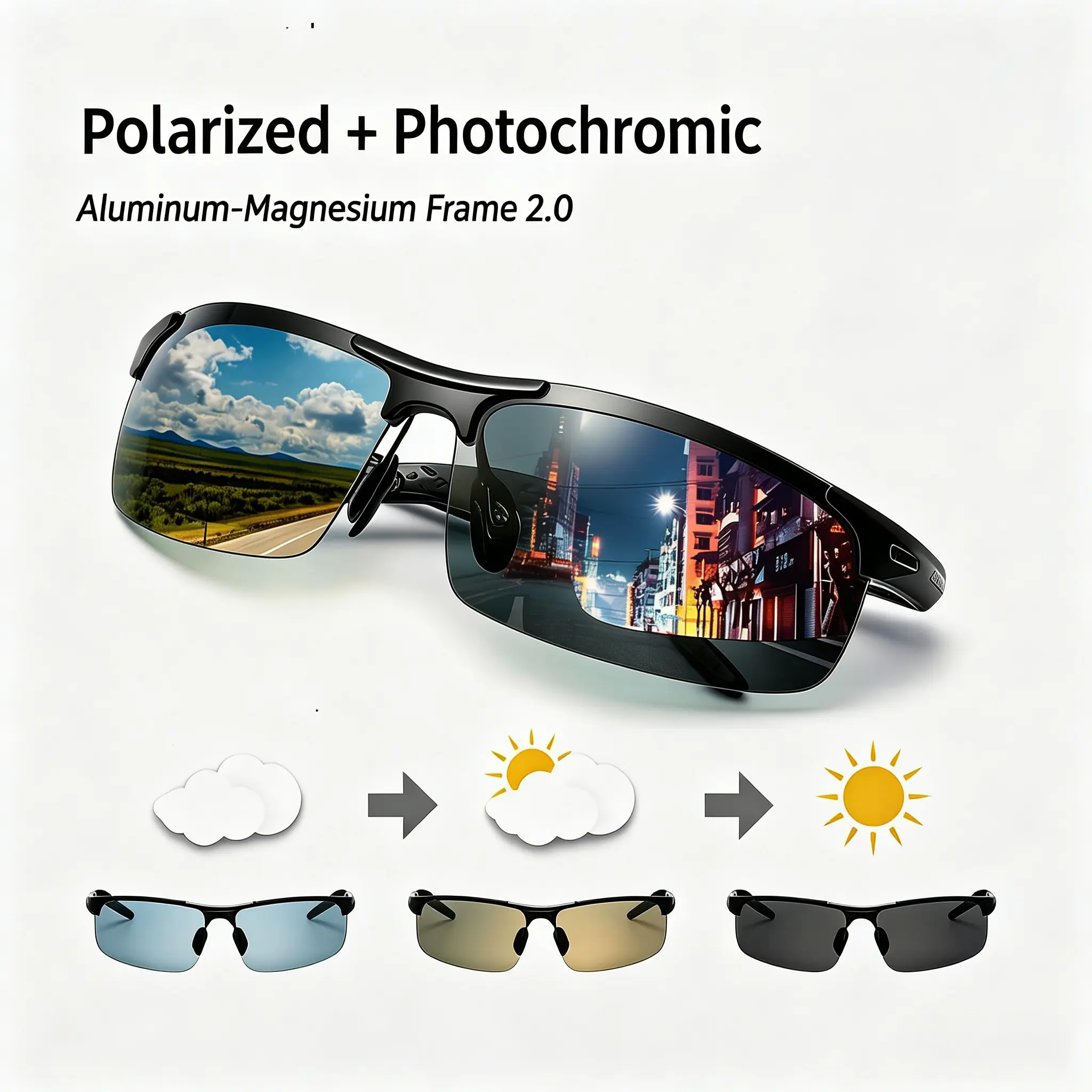Paleshy HD Photochromic Polarized Sunglasses, UV400 Anti-Glare Day Night Driving Glasses, Unisex Outdoor Sports Eyewear