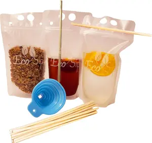 Biodegradable Disposable Drink Pouches by EcoSip – Eco-Friendly w/Gusset Bottom & Reclosable Zipper – Non-Toxic, BPA & Phthalate Free – Hay Straws.