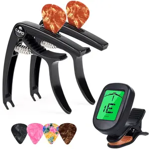 2-Pack Quick Release 6-String Acoustic Guitar Capo and Tuner Combo for Electric Guitars, Bass, Ukulele - Buzzing-Free Dual Capos with 4  Picks (Black)