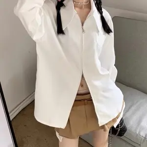 White Zip-Up Zip-Down Shirt - Classic & Versatile with Pointed Collar, Sleek Zipper Closure & Chest Pocket for Womenswear - Blouses, Love, Traditional, Preppy, Tops