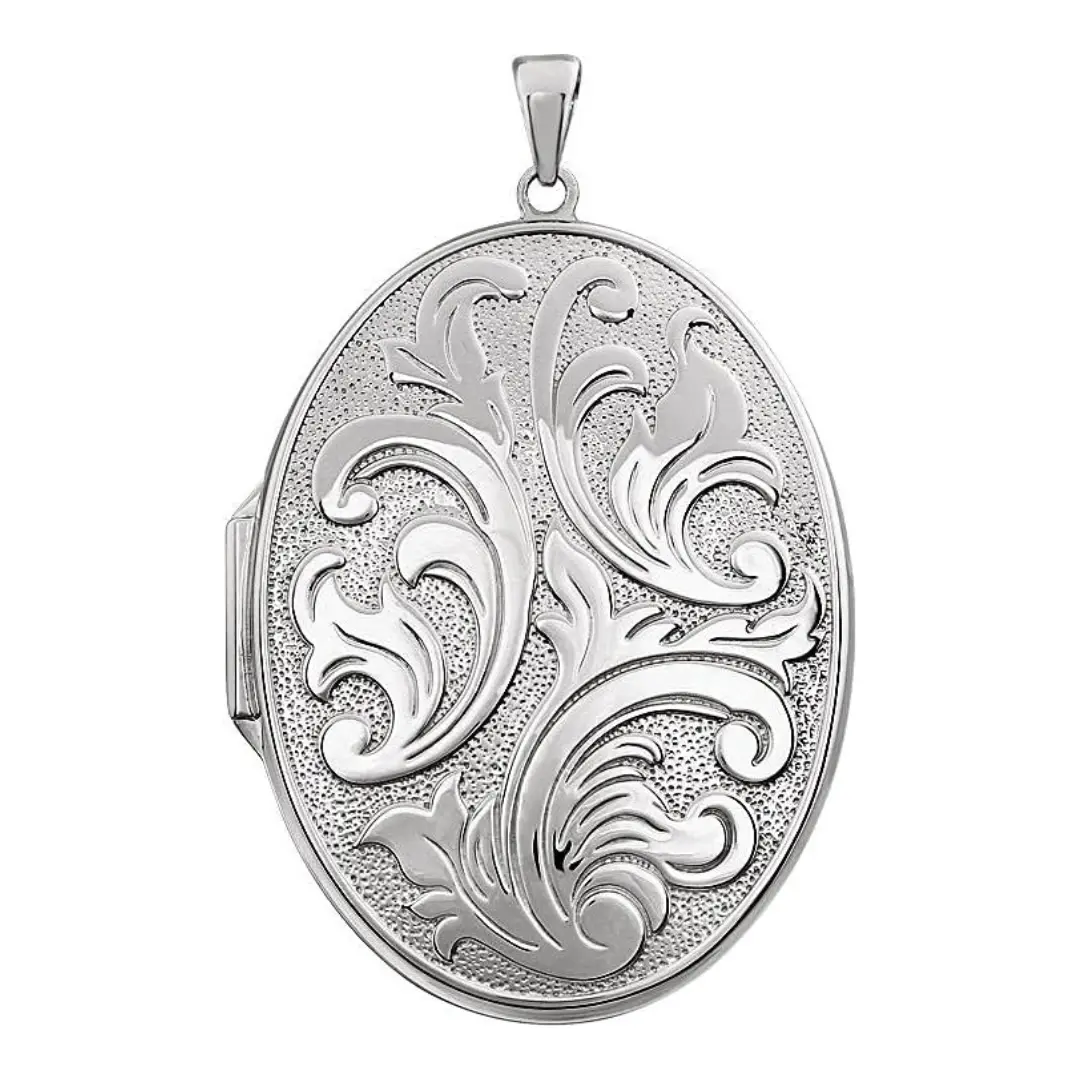 Women's Hand-Crafted Sterling Silver Copper Core Large Oval Photo Locket - Vintage Floral Swirls, Rhodium-Plated, Tarnish-Resistant, Hypoallergenic, 45 mm High, 32.5 mm Wide, Florentine Finish, Polished, 7.5% Copper, Photo Space, Anniversary Gift Jewelry