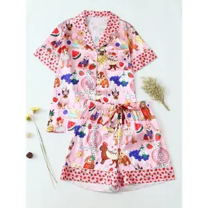 Cute Dog Fruit & Dessert Print Women's Pajamas Set, Short Sleeve + Shorts, Contrast Strawberry Lapel Cardigan, Smooth Satin Fabric, Skin-Friendly Breathable Loose Loungewear for Casual Daily Wear