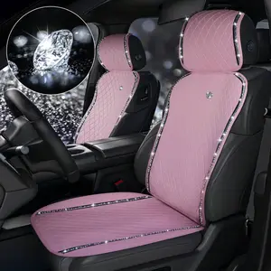 Pink PU Leather Car Seat Cushions For 2 Front Seats, 6-Piece Set, Adorned With Artificial Diamonds, Sparkling And Shiny, Waterproof, Non-Slip, Easy To Clean, Suitable For Four-Season Use.