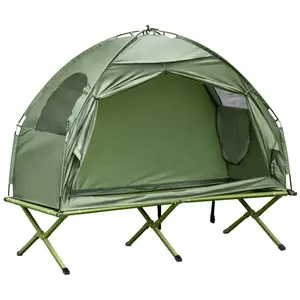 Foldable Camping Tents, Outsunny 1/2 Person Foldable Camping Cot with Tent, Bedspread, Thick Air Mattress, 4-In-1 Elevated Camping Bed for Outdoor Hiking, Picnic, Travel