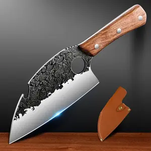 Meat Cleaver Boning Knife Hand Forged Butcher Chef Knife High Carbon Steel Full Tang with Leather Sheath Outdoor Knife for Kitchen Camping Knives Wood