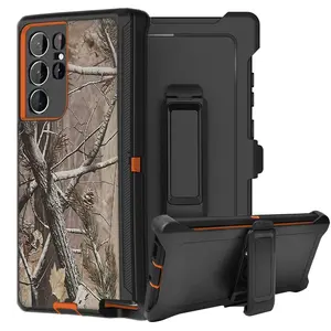 Rugged Defender Case For Samsung Galaxy S23/S23 Plus/S23 Ultra Shockproof Heavyduty Protection Case With Belt Clip(Orange-Tree)