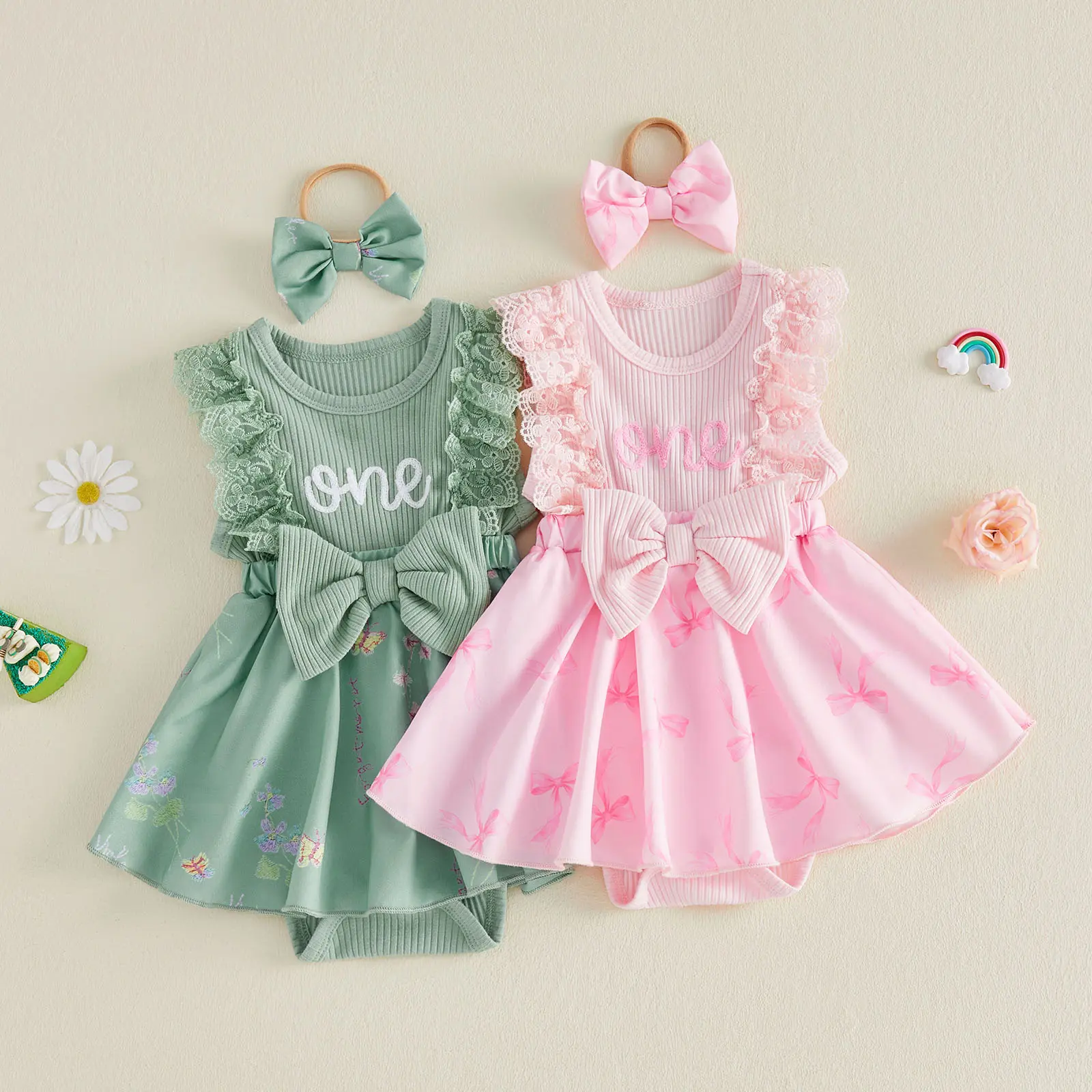 Infant Baby Girl My First Birthday Outfit Sleeveless Lace Trim Decor Cake Smash Print Romper Dress and Headband Set