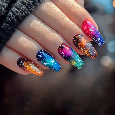 Colorful Pattern Fake Nails, Removable Press-on Galaxy Effect Nails for Stylish Manicure, Nail Art and DIY Nails, Easy to Wear and Perfect for All Occasions, Glittering Fake Nails