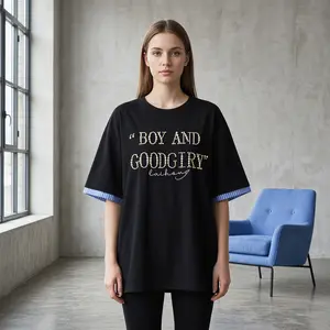 [Embroidery and Beading Craft] Unisex Oversized T-Shirt with Pearl Letter Embroidery, Cotton Feel Fabric, Striped Cuff Patchwork Casual Streetwear Tee for Men Women