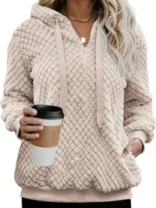 Women's Plus Size Fleece Pullover Hoodie, Plush Grid Jacket, Warm Sporty Sweatshirt, Cozy Outerwear for Fall & Winter