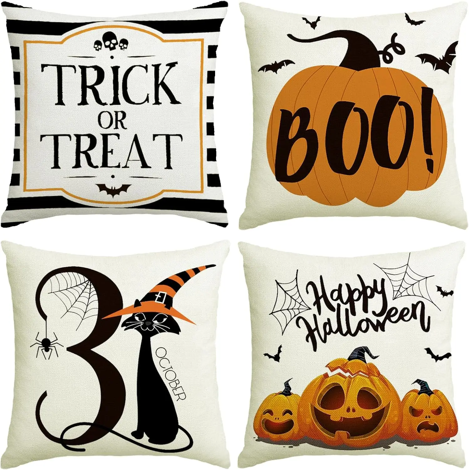 Halloween Decor Pillow Covers 18x18 Inch,Set of 4 Halloween Decoration Indoor Outdoor Throw Pillow Covers, Trick or Treat Black Striped Linen Cushion Case for Home Sofa Couch Bedroom Chair