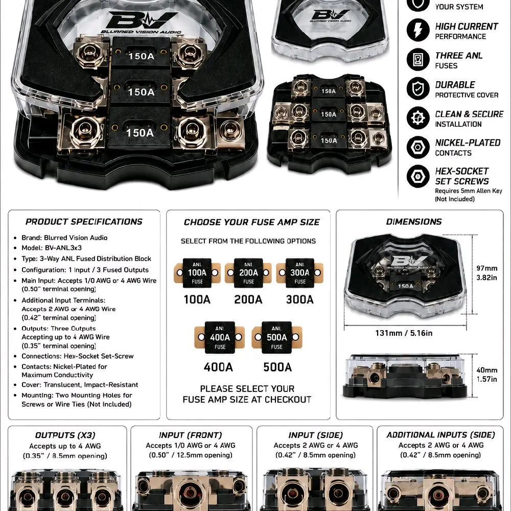Blurred Vision Audio BV-ANL3X3 3-Way ANL Fused Power Distribution Block Includes Three Installed Fuses
