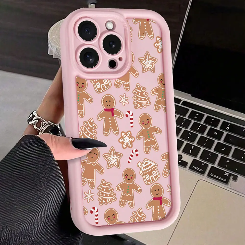 Fashionable Pink Christmas Gingerbread Man & Tree Silicone Casing, TPU Lens Protective Shockproof Durable Soft Cover for iPhone 17 Pro Max,16,16e,15,14 Plus,13,12 Mini,11,Air,XR,X,XS - Cellphone Accessory Gift