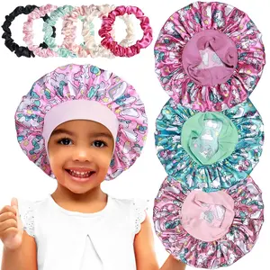 3 count Satin Bonnets for  Sleeping, Cute Hair Bonnet with Scrunchies for Girls Curly Hair, A