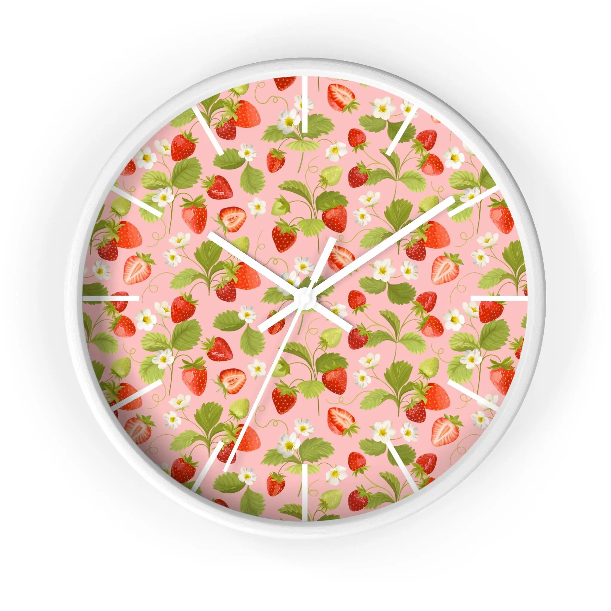 Round Wooden Strawberry Pattern Wall Clock with Metal-Glass Accents, Cute Floral Fruit Home Supplies Decor with Pre-Hung Hook for Kitchen