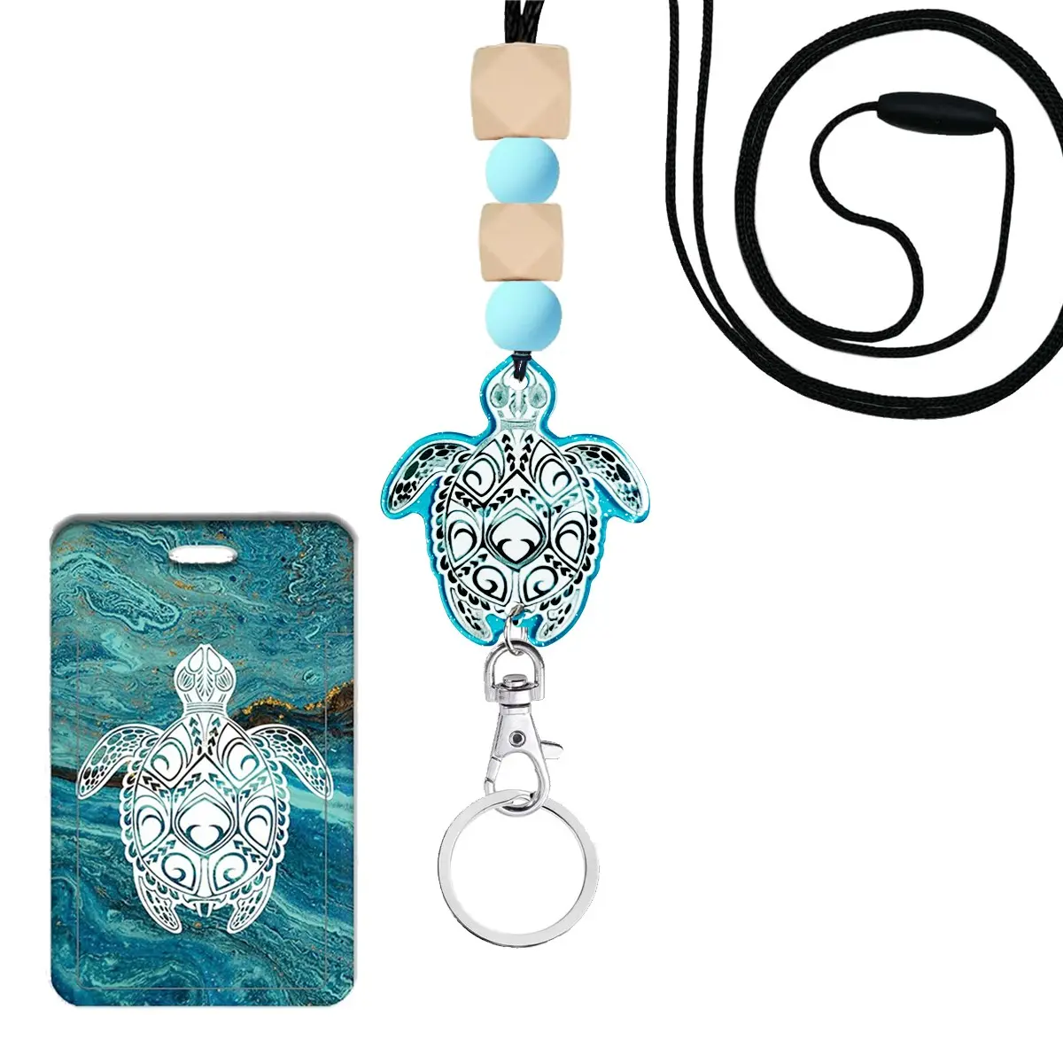 Blue Turtle Teacher Lanyard with ID Keychain, Cute Silicone Beads, Vertical Card Protector, Office Travel Shopping Party Accessory