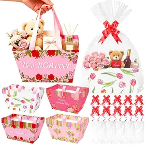 Zenoble 12 Set Mothers Day Gift Baskets Empty Different Flower Pattern Large Empty Gift Baskets to Fill with Handles Bows Plastic Bags for Mom Anniversary Birthday Party