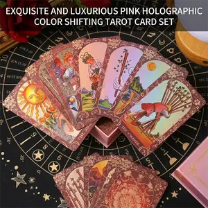 Exquisite and Luxurious Pink Holographic Color Shifting Tarot Card Set, Complete with a Special Box for Safekeeping, Featuring Durable Waterproof Cards with Intricate Gold Foil Details and a Detailed Guidebook, a Premium Divination and Fortune Telling Too