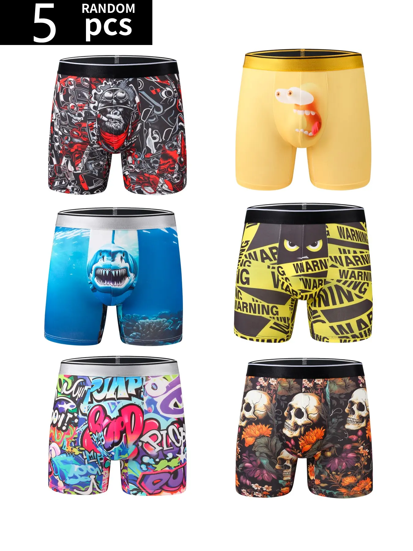 5-Pack Men's Longer Leg Boxer Briefs, Soft Breathable Polyester Blend Tie-Dye Graphic Prints, High Elasticity Stretch Athletic Shorts, Multi-Color Mix for Everyday Gym Cycling, Elasticity Design Underwear, Super Value Pack Underwear Set