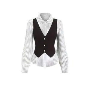 Faux Two-Piece Long Sleeve Plaid Blouse for Women, V-Neck Vest Lined Button Down Top, Slim Fit Business Casual Design, Ideal for Office Commute, Client Reception & Daily Professional Outfits