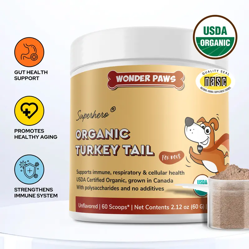 Turkey Tail Mushroom Powder For Dogs - USDA Certified - For Lumps & Bumps, Immunity, Respiratory, Digestion & Cellular Health - Made By WonderPaws