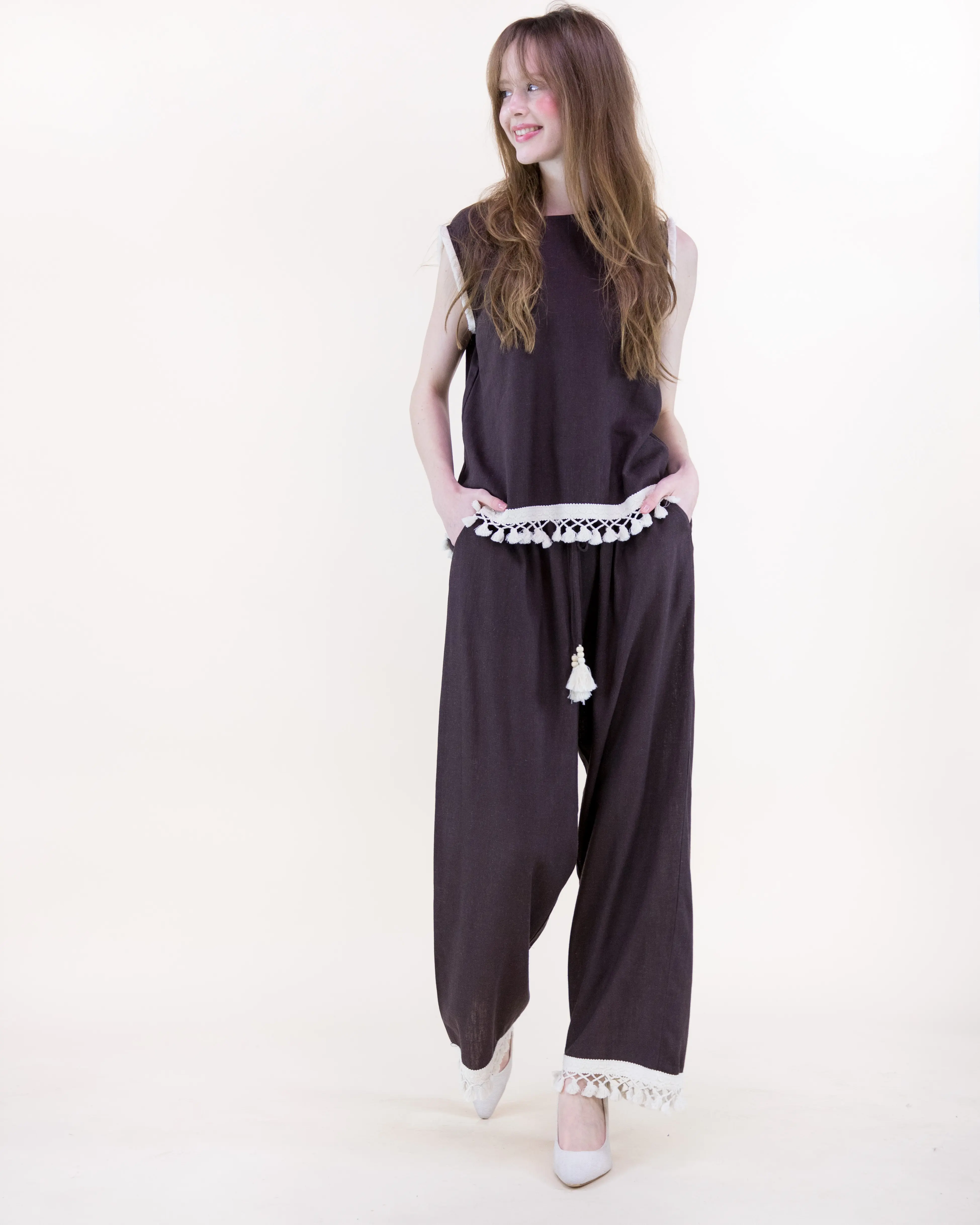 Women's Isla Contrast Tassel Trim Sleeveless Blouse and Wide Leg Trouser Set – Two Piece Boho Resort Outfit with Decorative Tassel Lace Trim