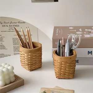 Vintage Woven Pen Holder Pencil Holder Makeup Brush Storage Bucket, Student Desk Office Creative Wooden Stationery Organizer, Office Decorative Organizer, Desktop Organizing Basket