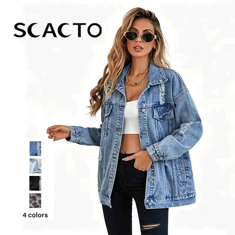 Scacto Vintage Distressed Denim Jackets for Women Summer Jacket Ripped Fringe Jean Jacket Casual Sleeve Pockets Jackets Coat Fabric Fashion Womenswear Soft button jacket All Season Outerwear Oversize