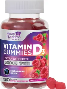 Vitamin D3 Gummies 125 mcg (5000 IU) Per Serving - 3X Strength Immune Support & Bone Support, Vitamin D Gummy Dietary Supplement, Nature's Berry D Vitamin Supplement, Raspberry Flavored - 120 Gummies