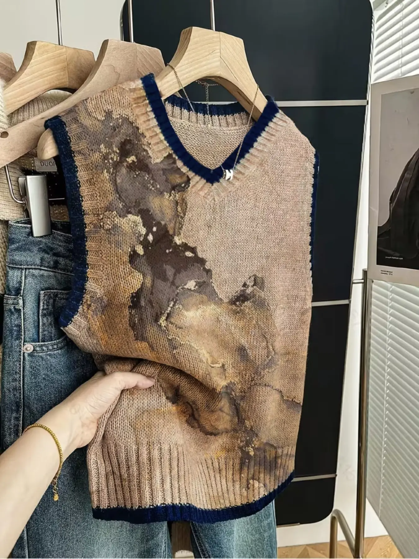 Spring Summer Elegant Women's Marble Print Vest Sweater, Casual Contrast Hem Short Sleeve Knitwear, Comfortable Daily Wear Top