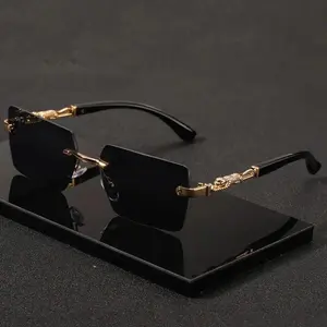 Men's Sunglasses, Luxury Rimless Black Frames, Gold-Plated Leopard Arm Design, Polarized UV400 Lenses, Bold Statement Shades for Women