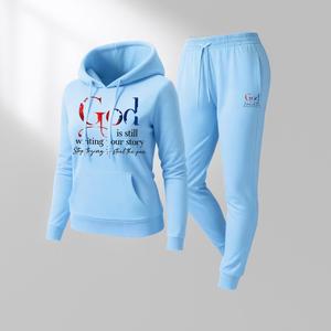 Women's God Letter Print Hoodie And Drawstring Track Pants Set, Casual Sportswear, Long-Sleeved Hooded Jacket And Pants, Suitable For Autumn And Winter, Everyday Wear, Indoor And Outdoor Sportswear, Casual Sportswear.