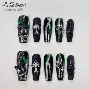 E4 Harry Potter Slytherin Magic Style Multicolor Nail Art Set with Green Wear Nail Press Accessory Matte Gift Reusable Press-On Nail Design Glue & Jelly Tape
