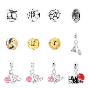 MULA 925 Sterling Silver Sports Theme – Baseball, Basketball, Soccer, Volleyball, Tennis, and Rugby Beads, Team Spirit Jewelry, Pandora Compatible Bracelets, Gifts for Sporty Moms and Teens