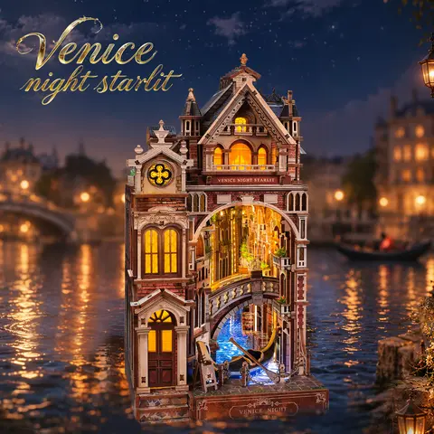 FUNPOLA Venice Night Starlit Book Nook Kit, LED 3D Wood Puzzle with Infinity Mirror, DIY Bookshelf Decor, Miniature Craft Gift for Lovers, Kids and Adults 281PCS