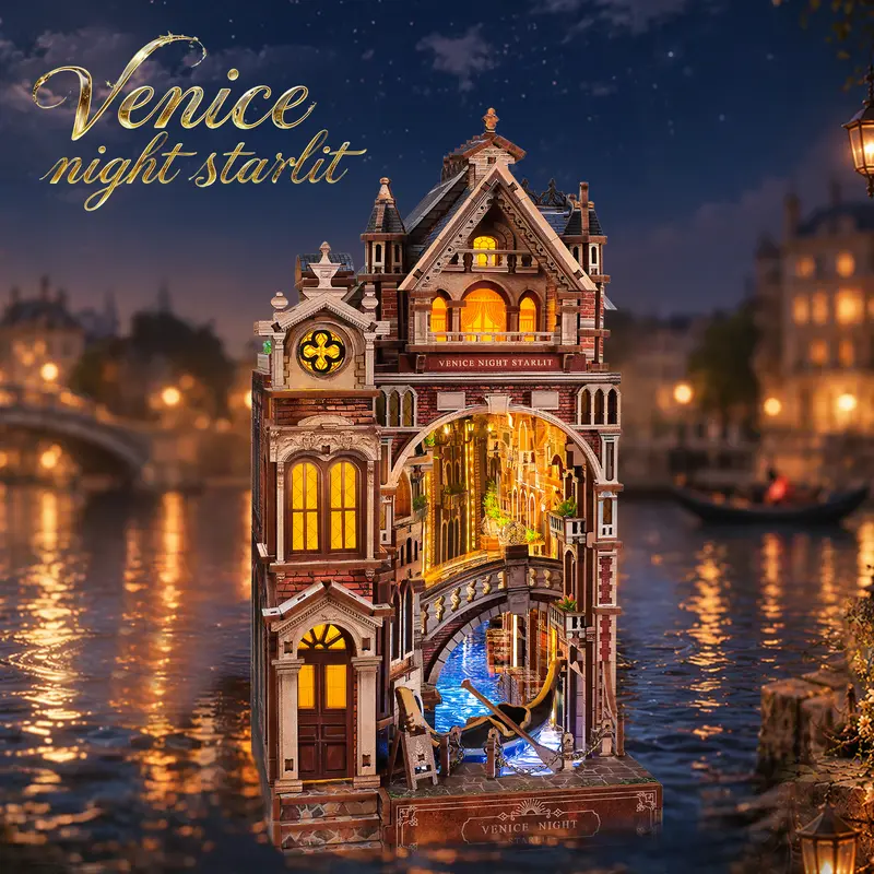 FUNPOLA Venice Night Starlit Book Nook Kit, LED 3D Wood Puzzle with Infinity Mirror, DIY Bookshelf Decor, Miniature Craft Gift for Lovers, Kids and Adults 281PCS