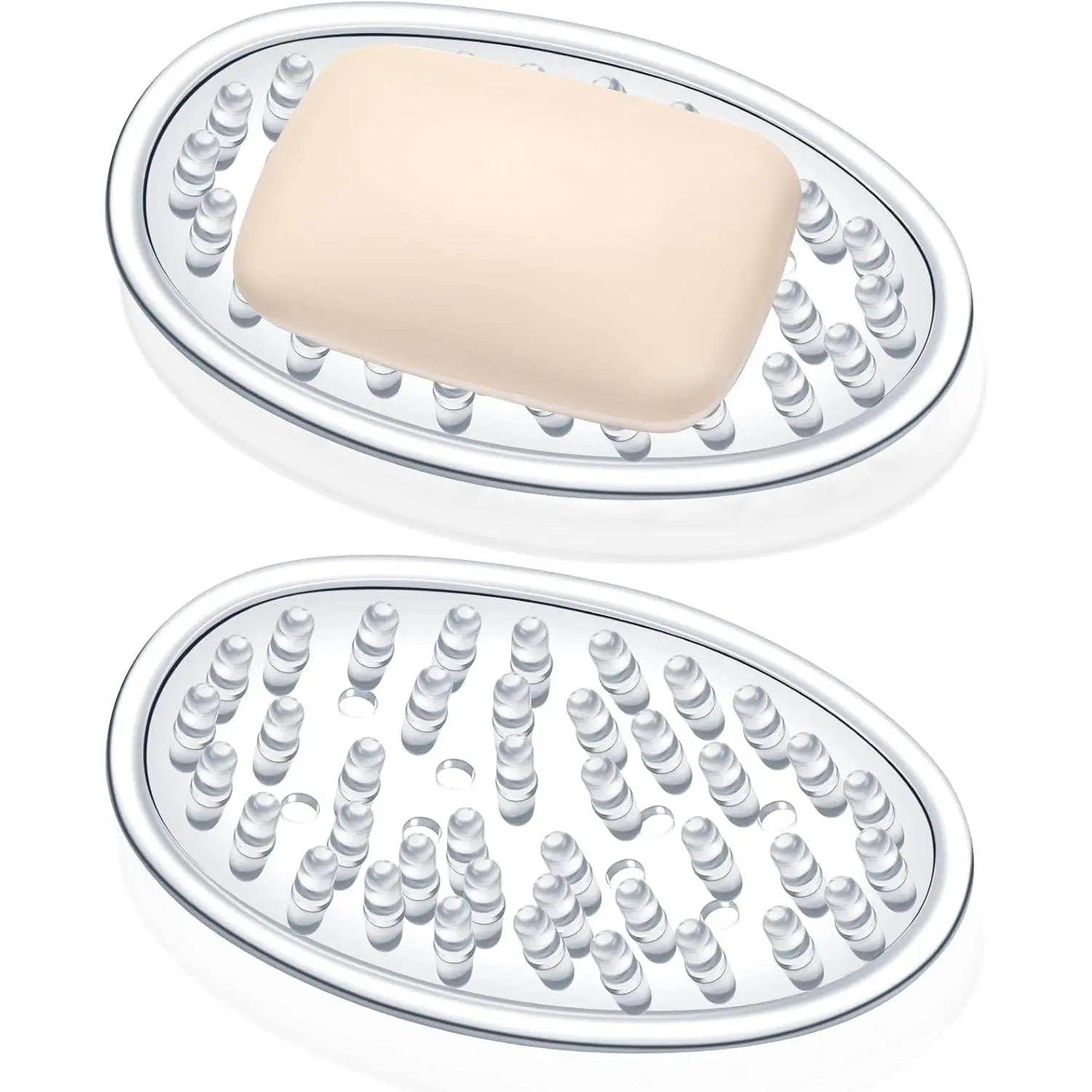 Plastic 2-Pcs Soap Holder Set - Perforated Bar Saver Tray with Sponge Holder, 4.5x3x0.7 Inches Transparent for Kitchen, Bathroom