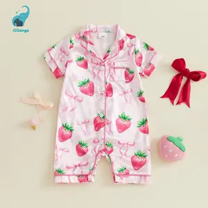 Baby Girl Summer Pajamas Strawberry Bow Print Button Down Lapel V Neck Short Sleeve Romper