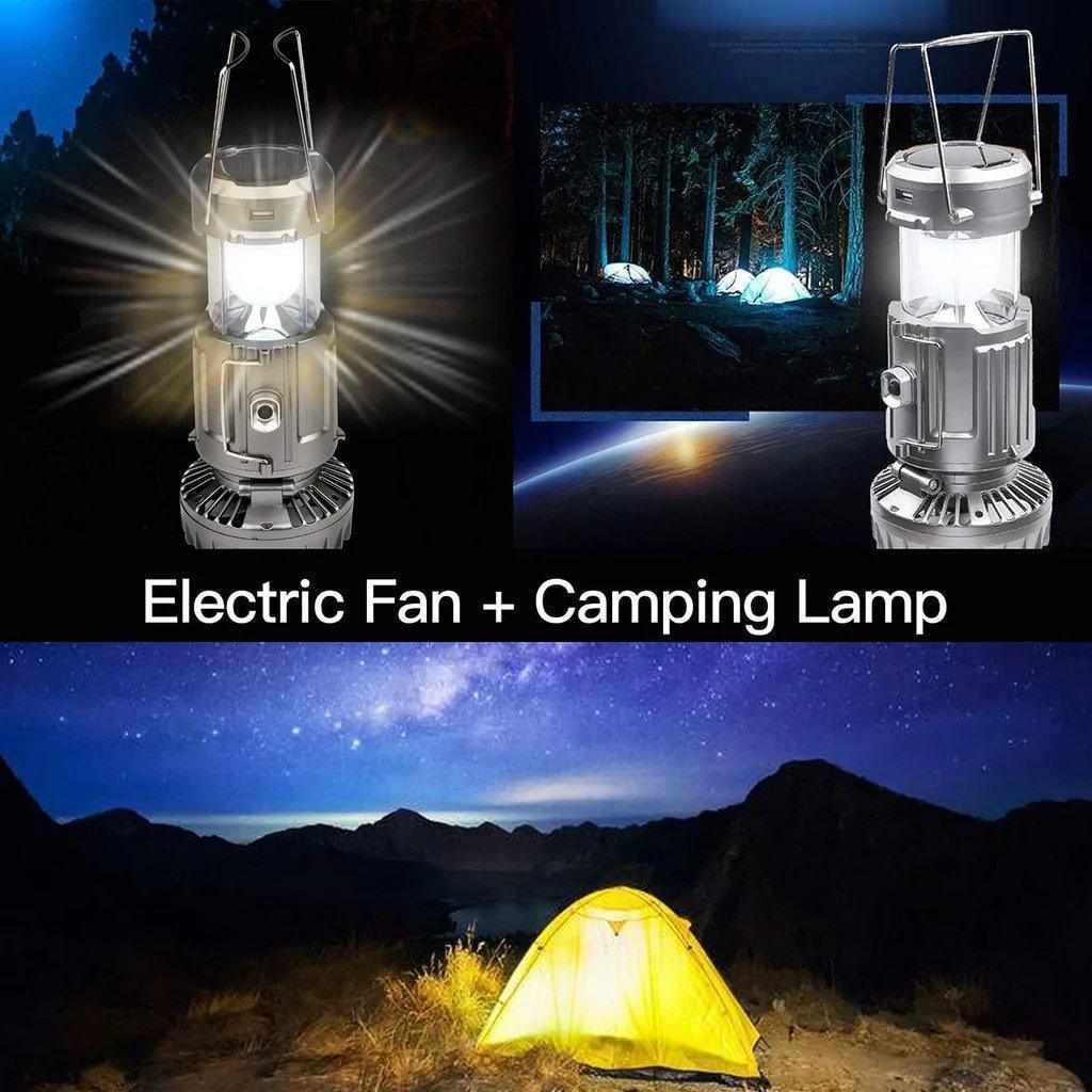 Solar Camping Fan with LED Light & 3 Power Options - Portable, Rechargeable, Waterproof, Multifunctional, IP44, 6W, 110V-220V, 330g, Travel Fan