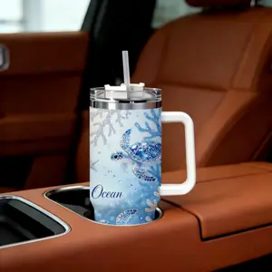 40oz Ocean Turtle Insulated Tumbler - 304 Stainless Steel Portable Vacuum Flask with Handle, Straw, Leakproof Lid, 24H Cold/12H Hot for Car, Home, Beverage, Iced Coffee & Hot Drinks, Gift for Women