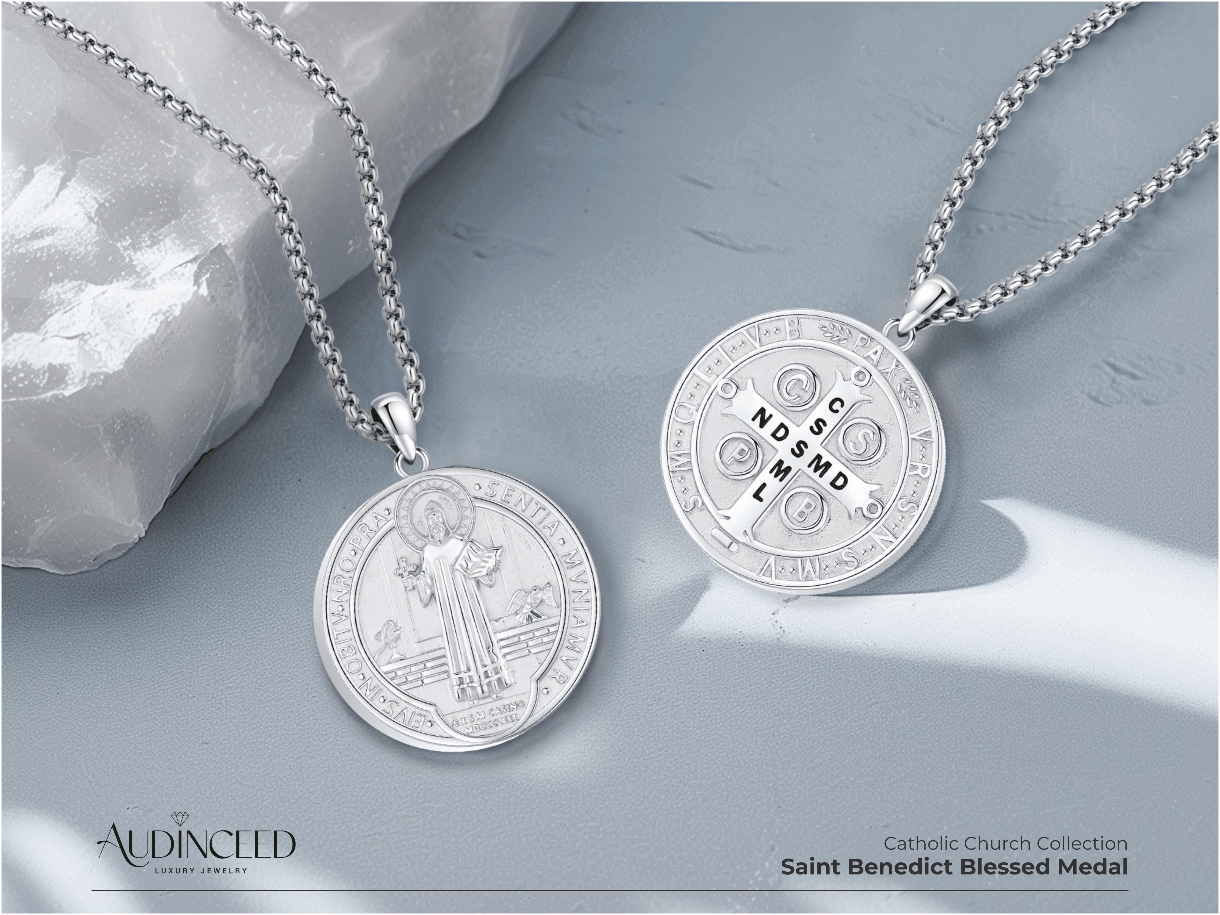 Audinceed St Benedict Coin Pendant Necklace S925 Sterling Silver San Benito Necklace Religious Inspired Jewelry Christian Gift for Men Women Teens Birthday Anniversary