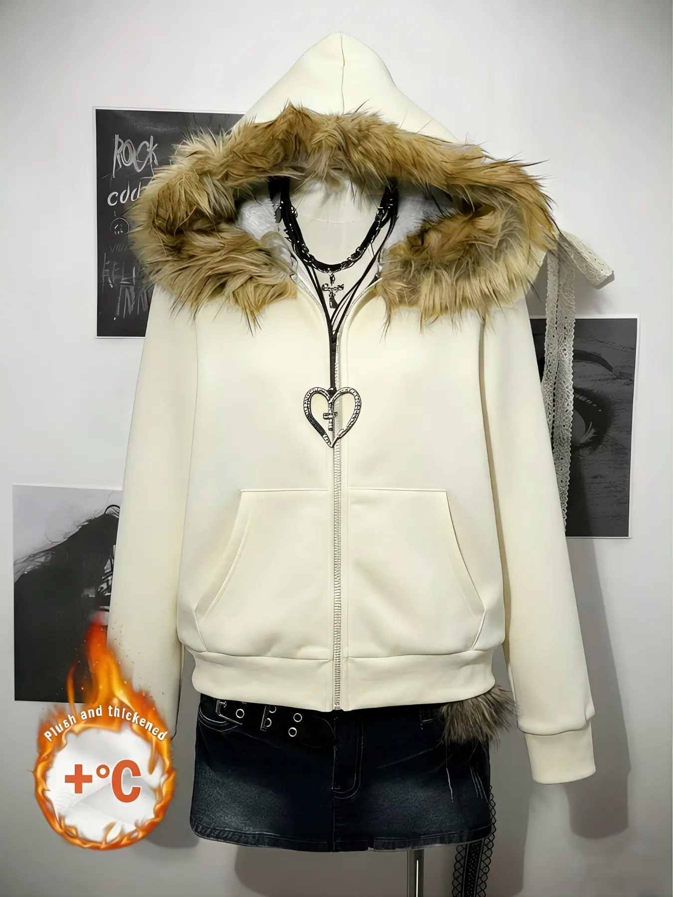 Y2K Gothic Black Faux Fur Hooded Solid Zip-Up Hoodie | Versatile