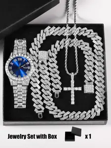 Luxury Punk Style Watch Set with Necklace Bracelet and Cross Pendant, Adjustable Strap, Unisex, Fashionable Jewelry Set, Suitable for All Seasons