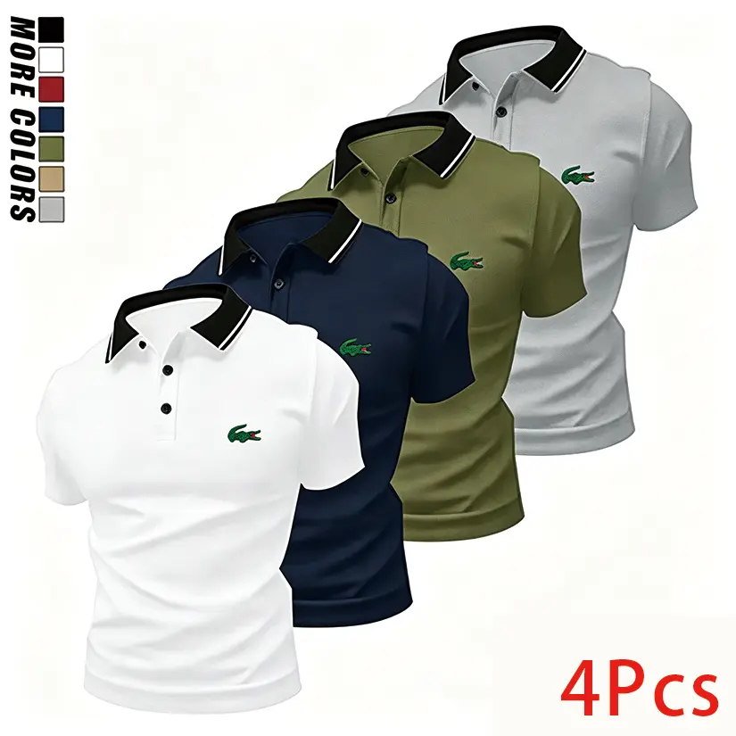 4-pack men's summer tops with animal printpatterns, button placket and collar; polyesterpolo shirts that are machine washable,comfortable and stretchy-suitable for golf,everyday casual wear, fishing,