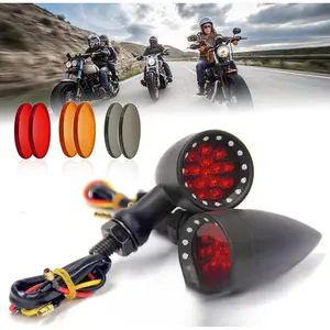 Motorcycle Turn Signal Lights 15 LED Flashing Light Bullet for Sportster Bobber Chopper Cafe Racer - Black Housing Red Light