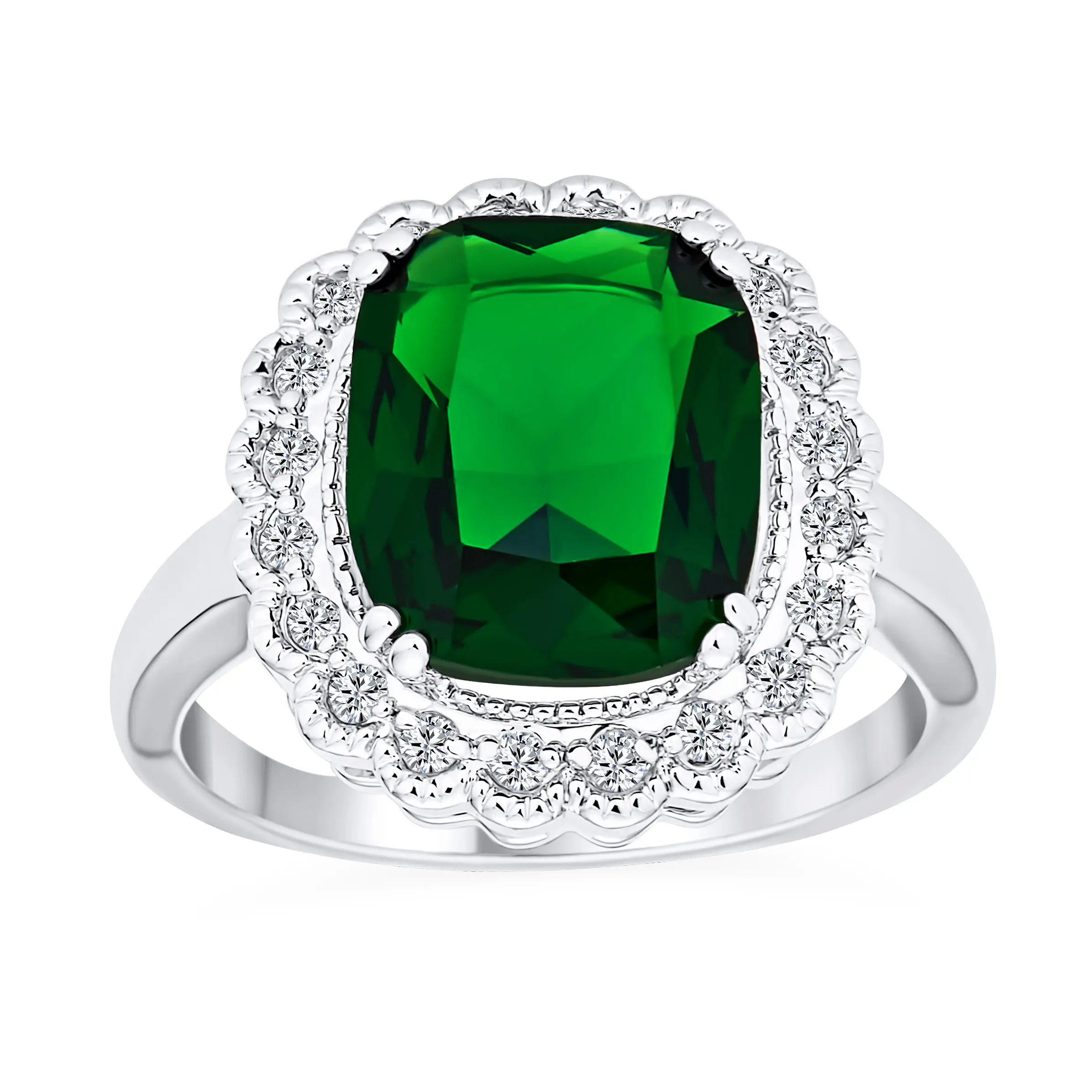 Classic Elegant 10CT Emerald Green CZ Cushion-Cut Cocktail Statement Ring