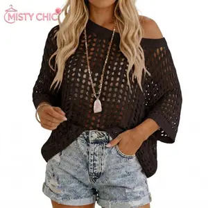 MISTY CHIC Women's Crochet Hollow Out Knit Top Sexy Oversized Mesh Net Sweater Casual Off the Shoulder Raglan Sleeve Summer Beach Cover Up Knitwear Womenswear,Off-shoulder solid color hollow-out knitted long-sleeve top for women