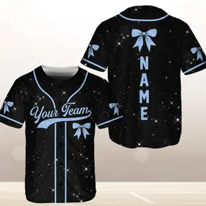 Personalized Bow Ribbon Baseball Jersey, Custom Team Name And Number Glitter Print Design, Game Day Outfit, Casual Streetwear, Team Uniform
