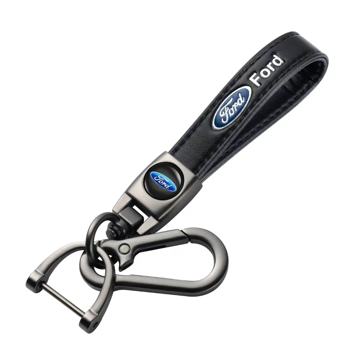 Genuine Leather Car Keychain for Ford，360° Swivel Key Holder with Detachable Clip and D-Ring, Keyring Lanyard Accessory, Gift for Men and Women